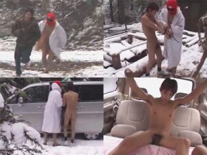 【ゲイ動画ビデオ】雪山の中で男がマスクマンに追いかけられて野外レイプされ始めて車に移動してアナルセックスさせられるww